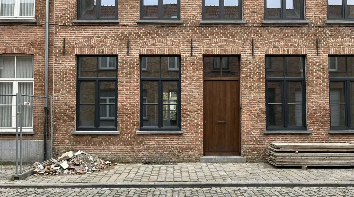 Gevel van een Vlaamse woning met nieuwe ramen in drie materialen en een houten voordeur